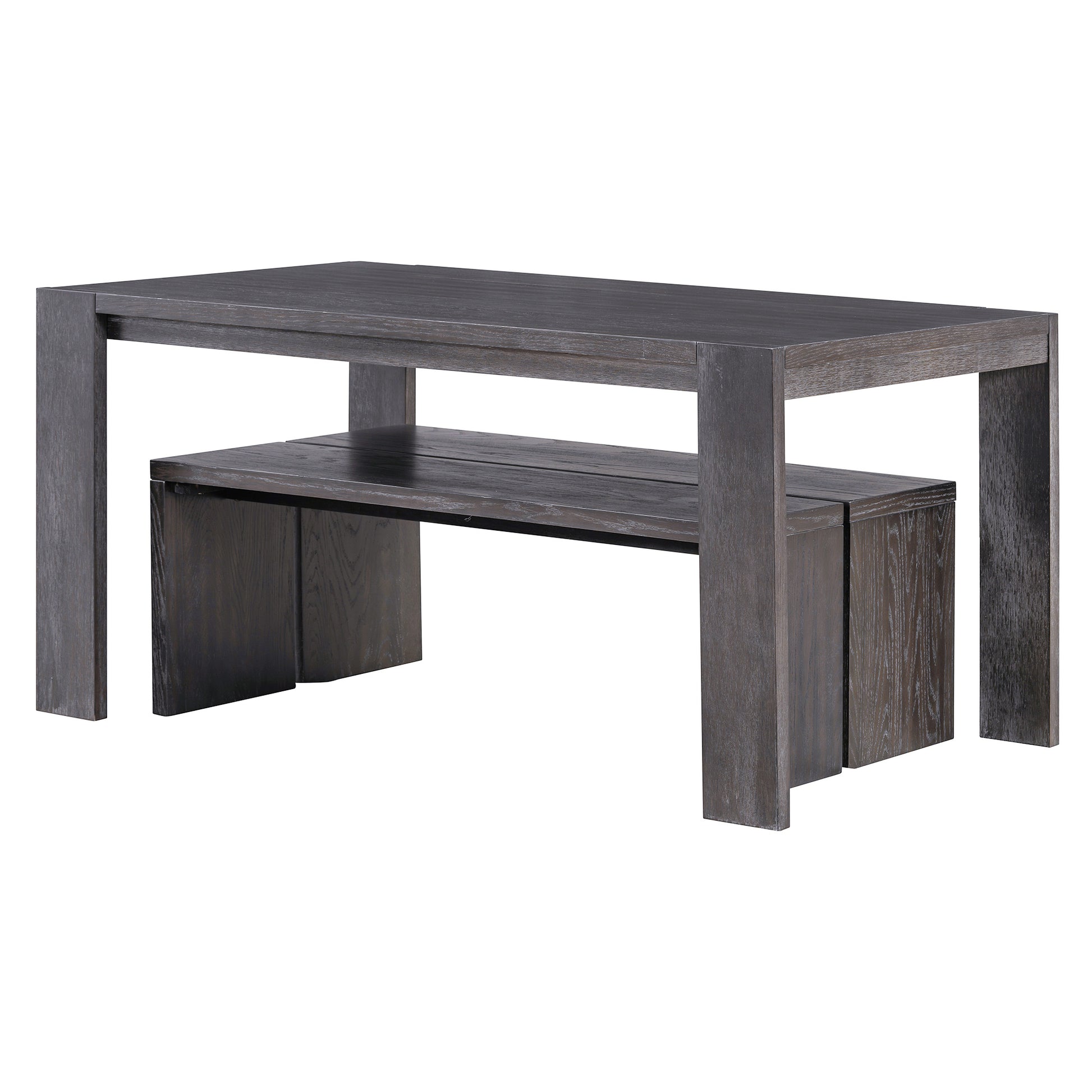 Dark grey solid wood dining table and bench set with clean lines