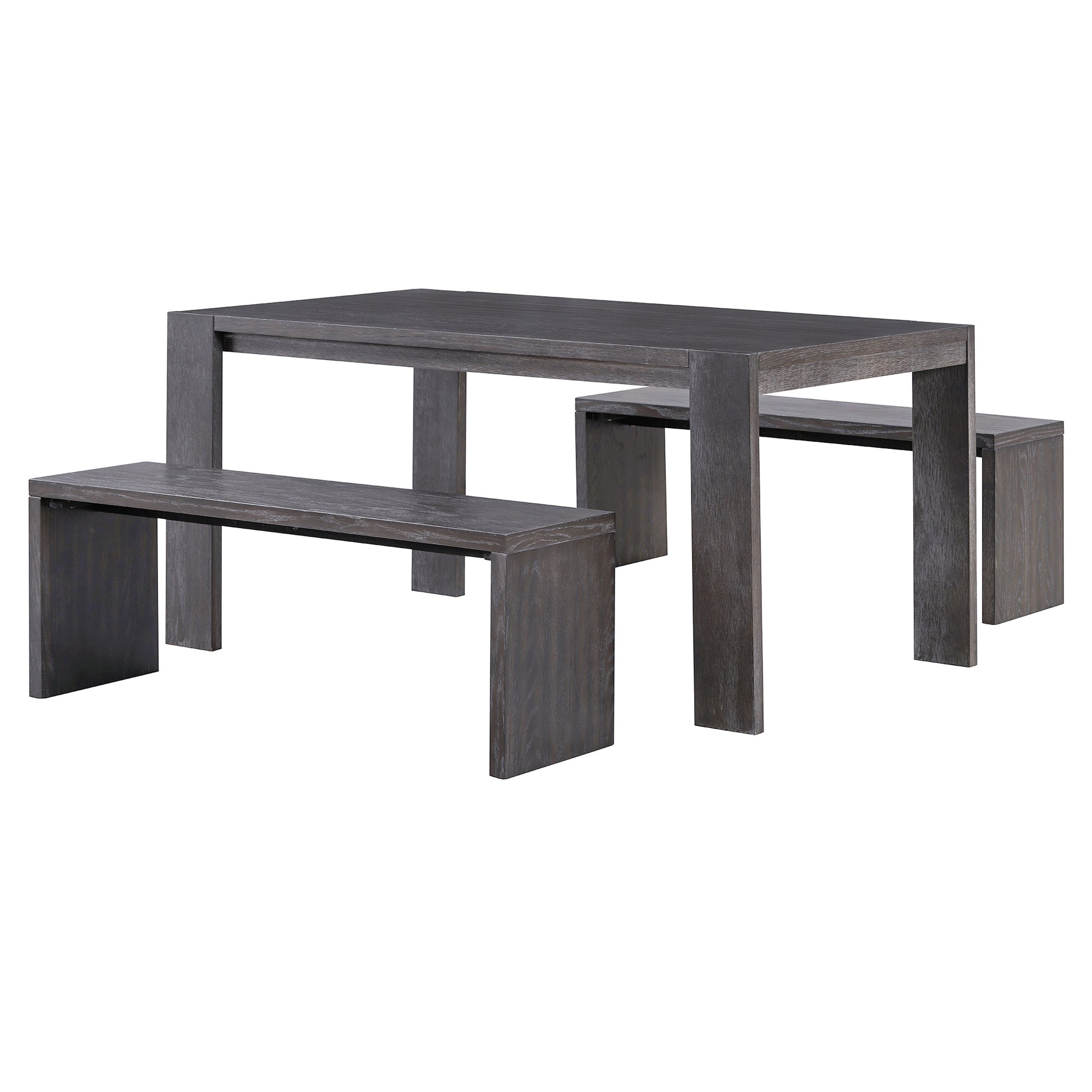 Modern dark gray wood dining table with two matching benches