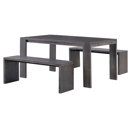 Modern dark gray wood dining table with two matching benches