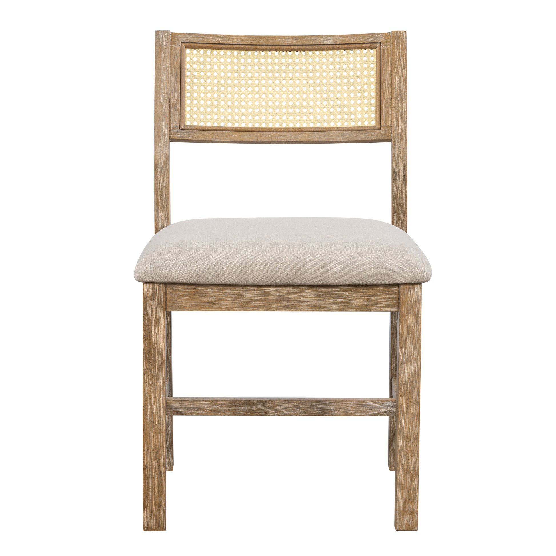 Modern wooden dining chair with beige upholstered seat and woven cane back