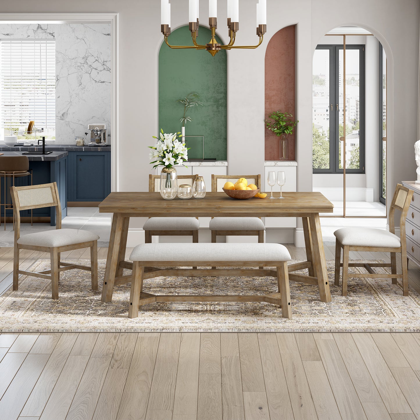 Rustic solid wood dining table with woven cane back chairs and upholstered bench