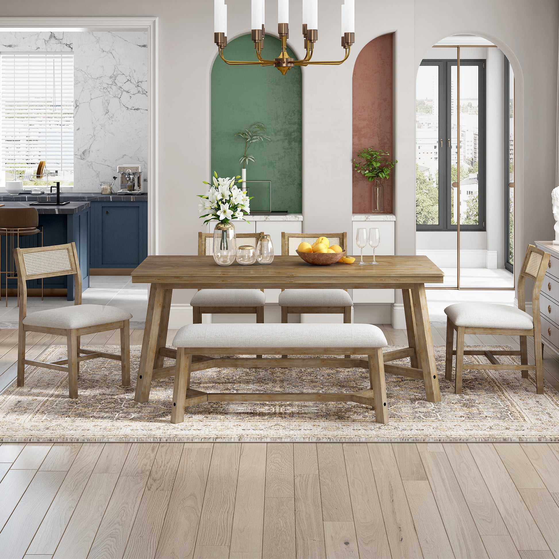 Rustic solid wood dining table with woven cane back chairs and upholstered bench
