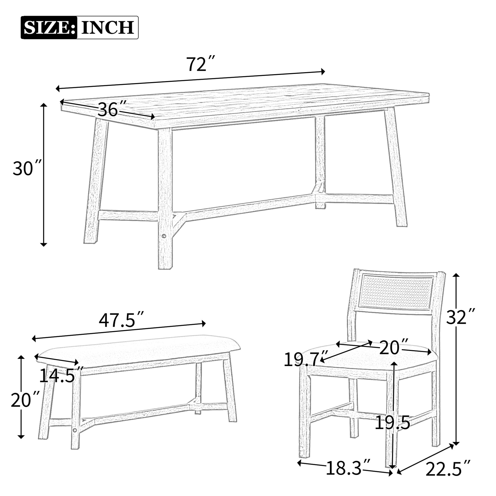 Wooden dining table set with dimensions