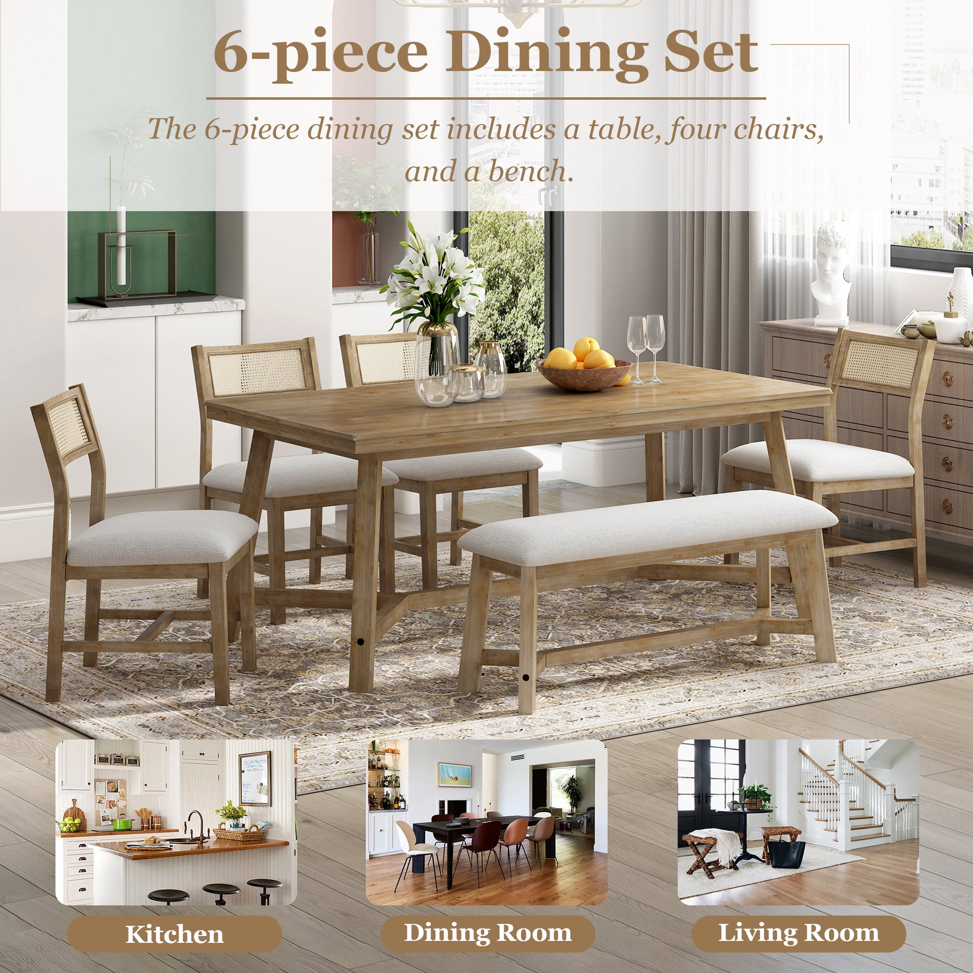 Wooden piece dining set with woven back chairs and upholstered bench