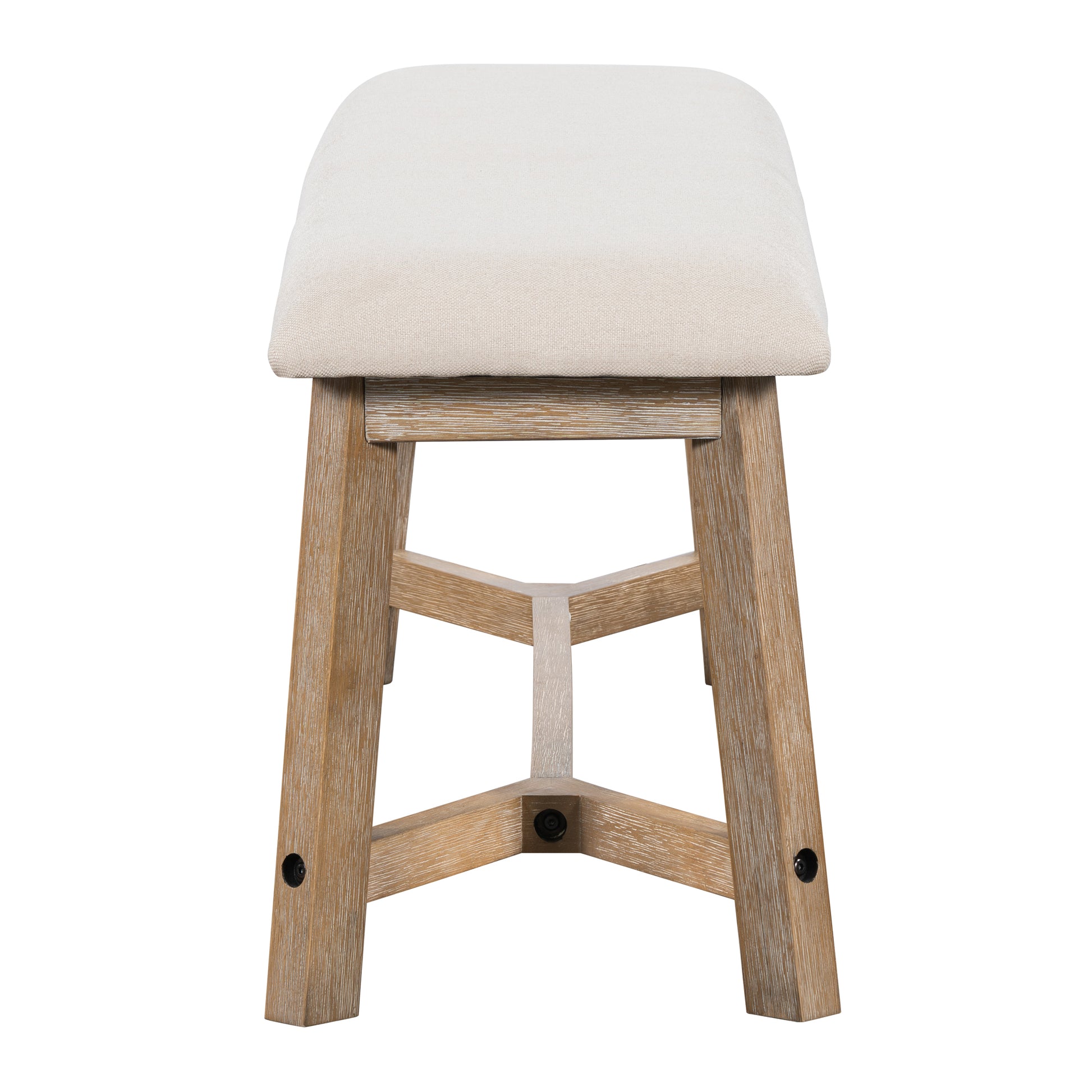 Beige upholstered wood stool with natural wood grain legs