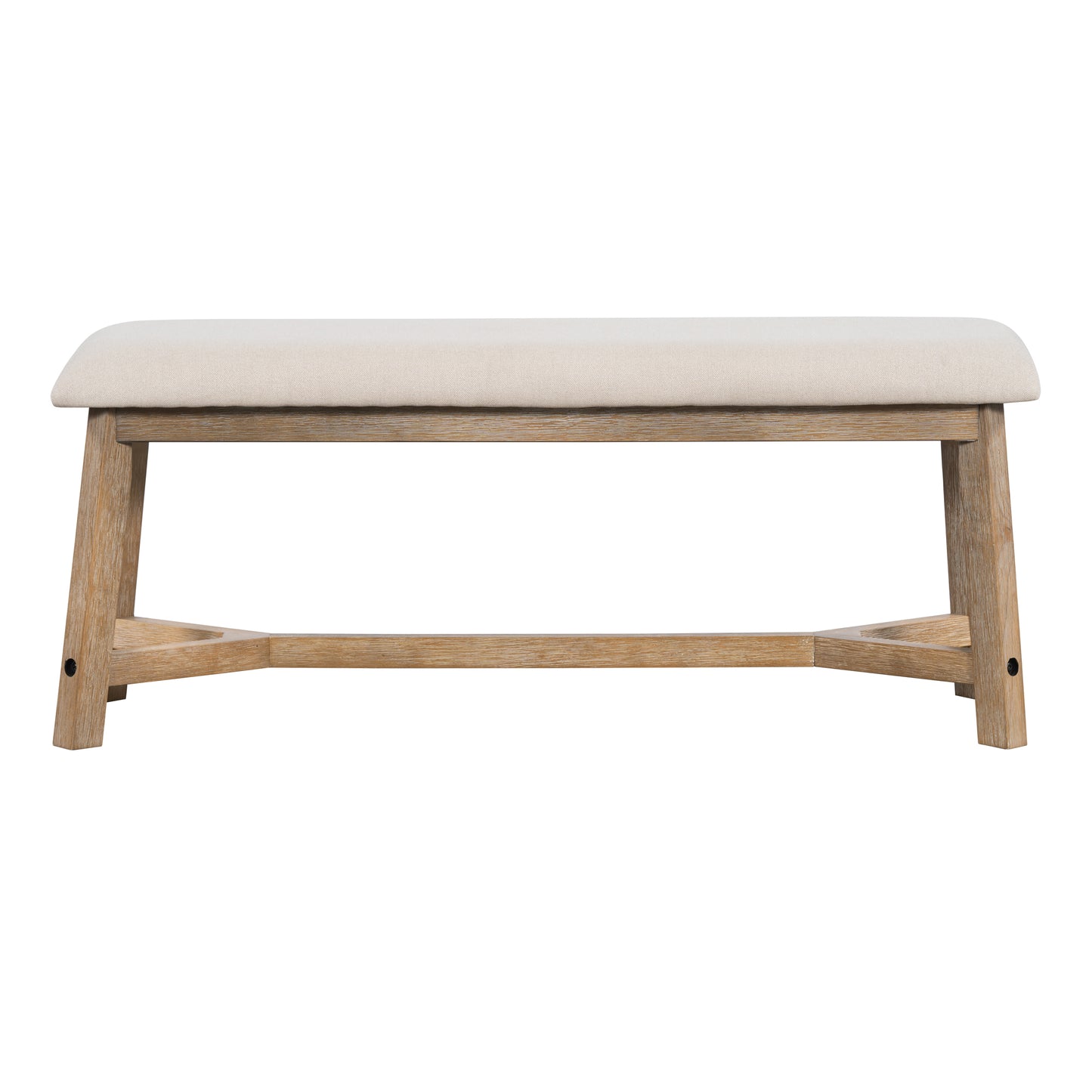 Upholstered bench with light beige fabric and natural wood frame