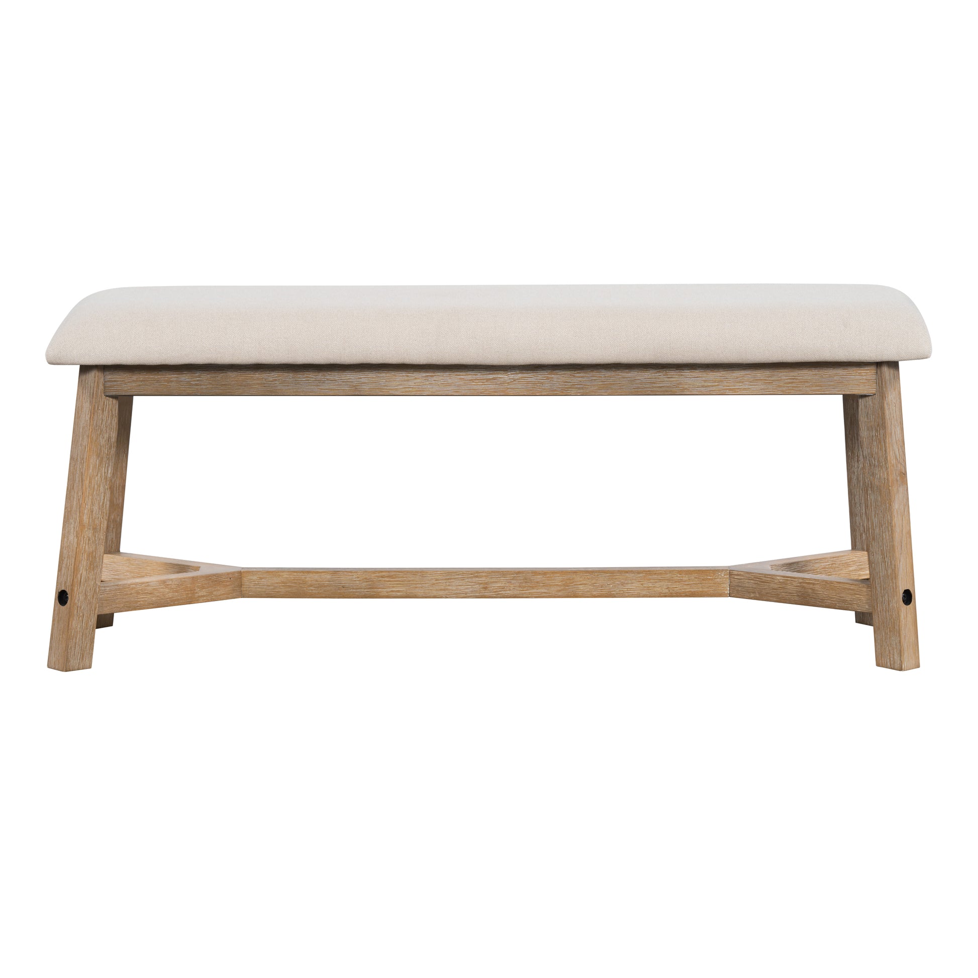 Upholstered bench with light beige fabric and natural wood frame