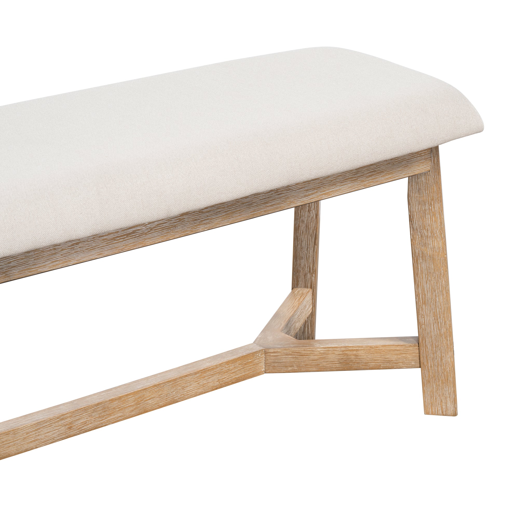 Upholstered linen bench with distressed wood legs