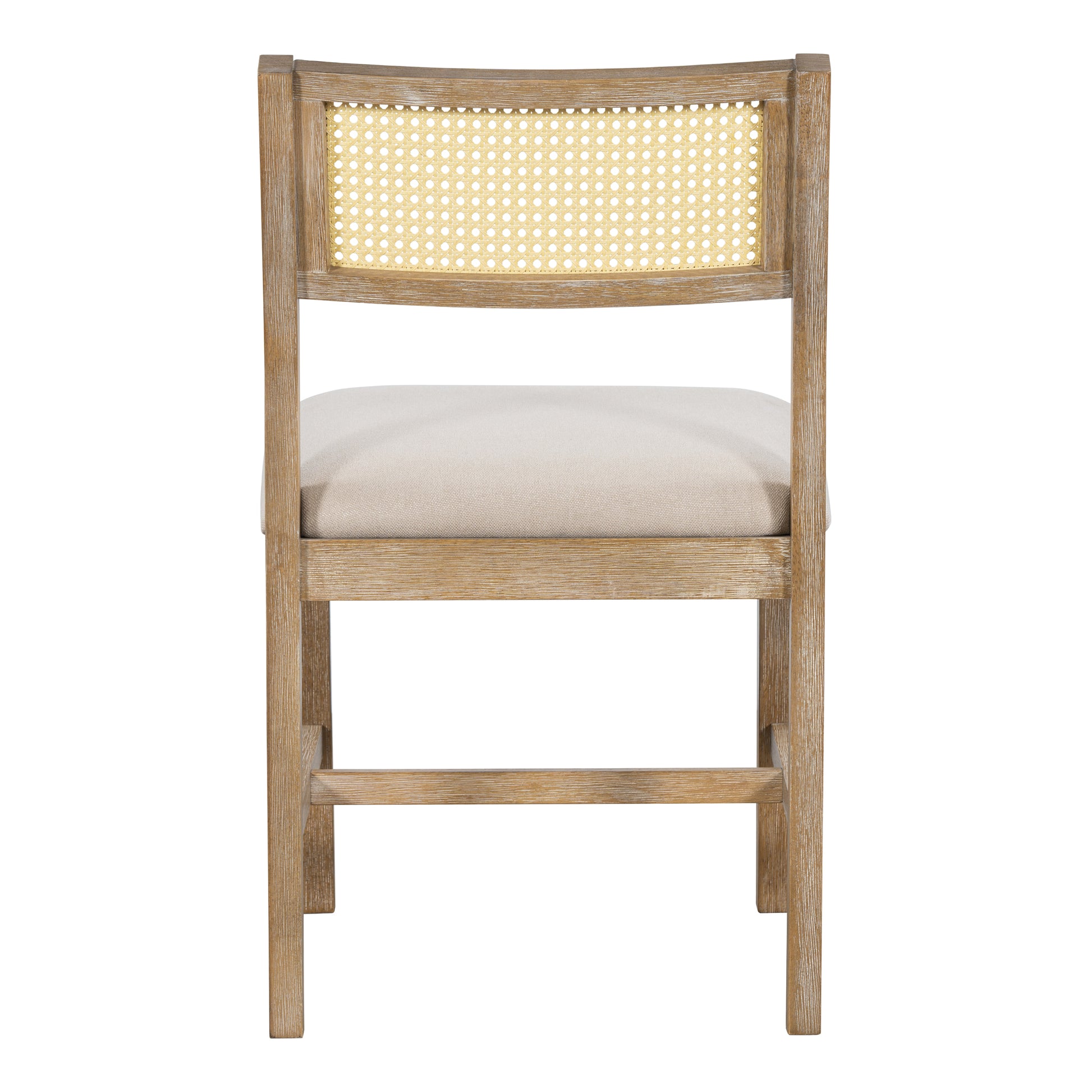 Light brown wood frame cane back chair with cream upholstered seat