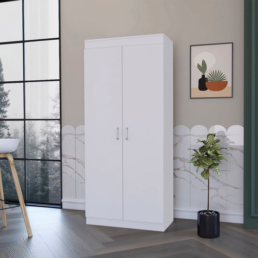 Tall white modern wardrobe with two doors and silver handles