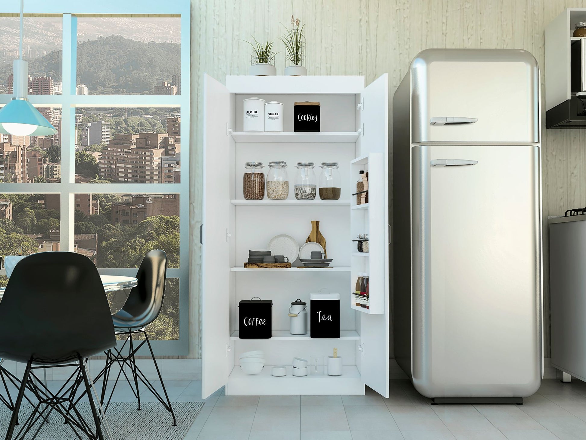 White kitchen pantry cabinet with organized shelves and jars