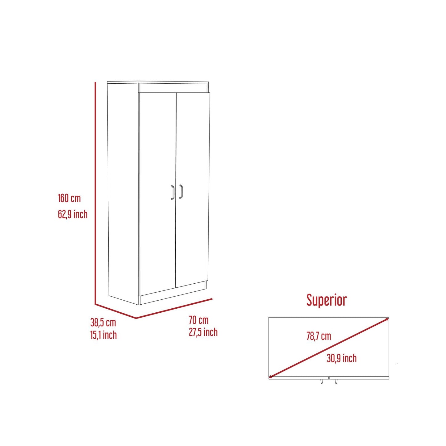 Diagram of a white door wardrobe with dimensions