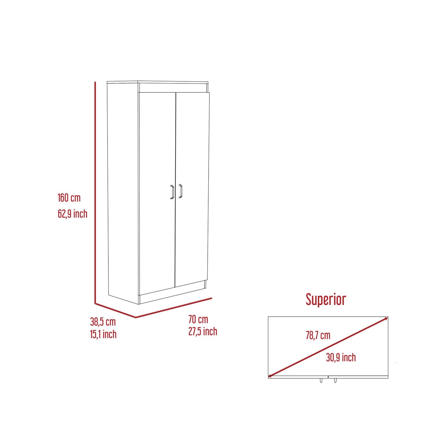 Diagram of a white door wardrobe with dimensions