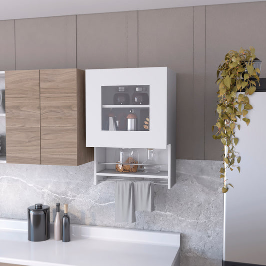 White wall cabinet with glass door and towel rack