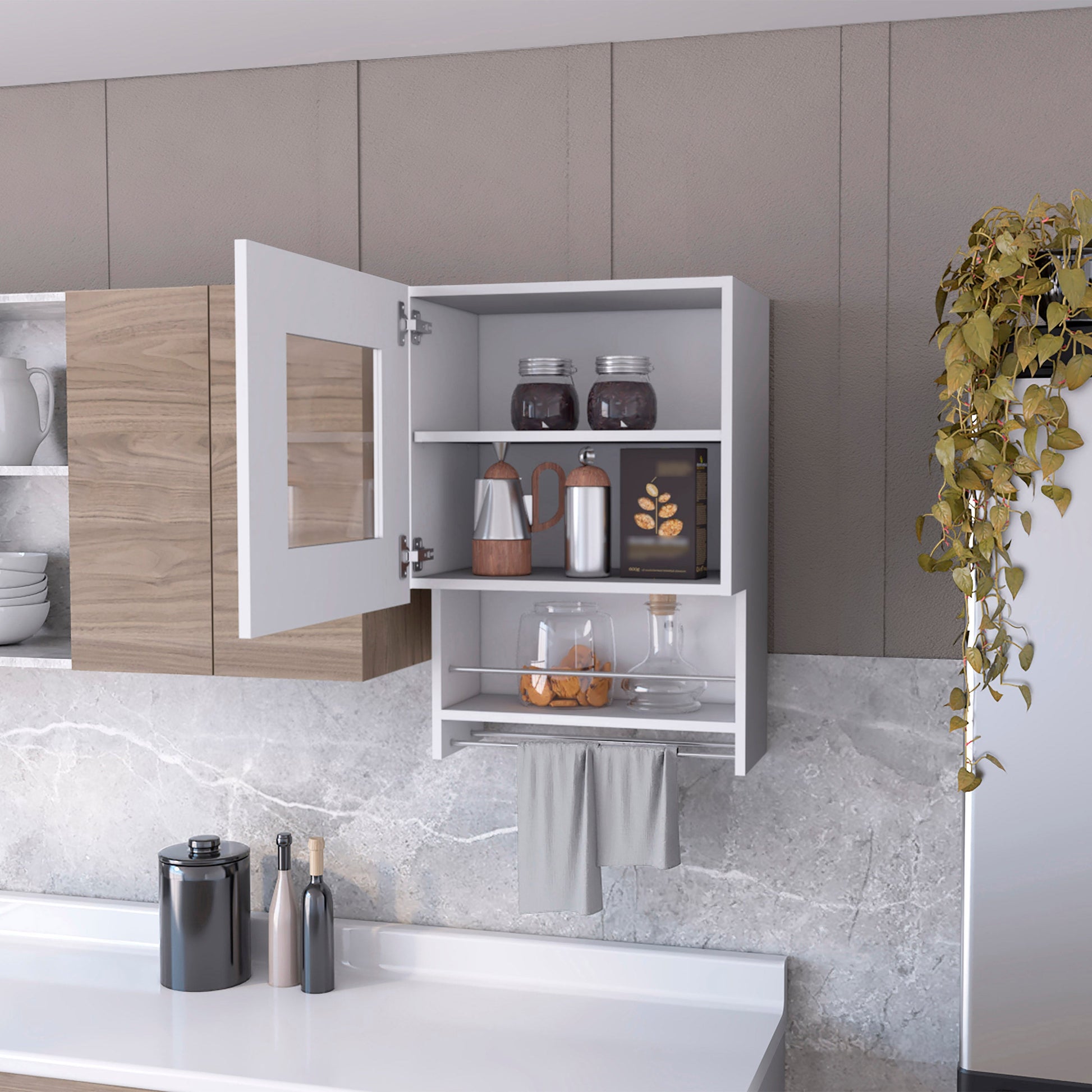White wall mounted kitchen cabinet with glass pane and towel bar