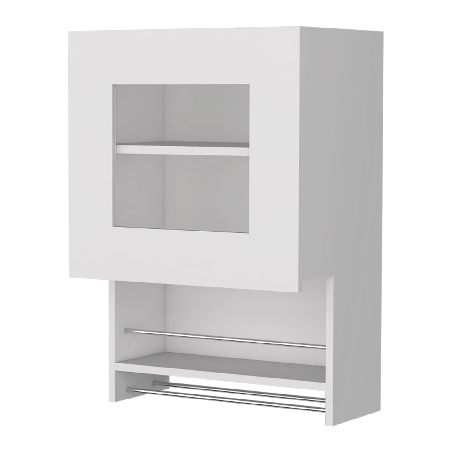 White wall cabinet with glass door and towel bars
