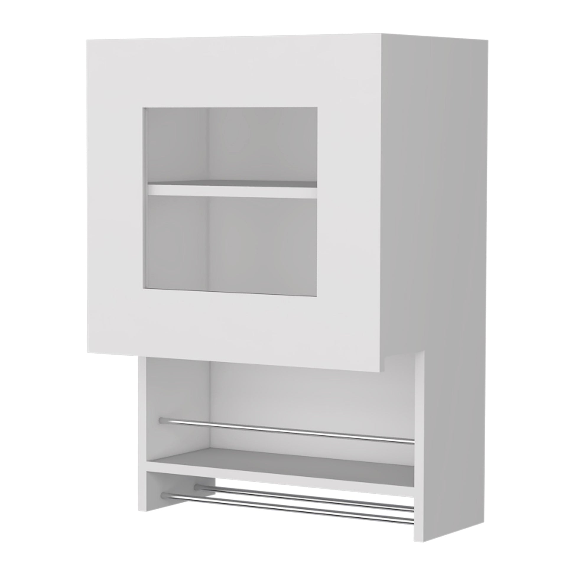 White wall cabinet with glass door and towel bars
