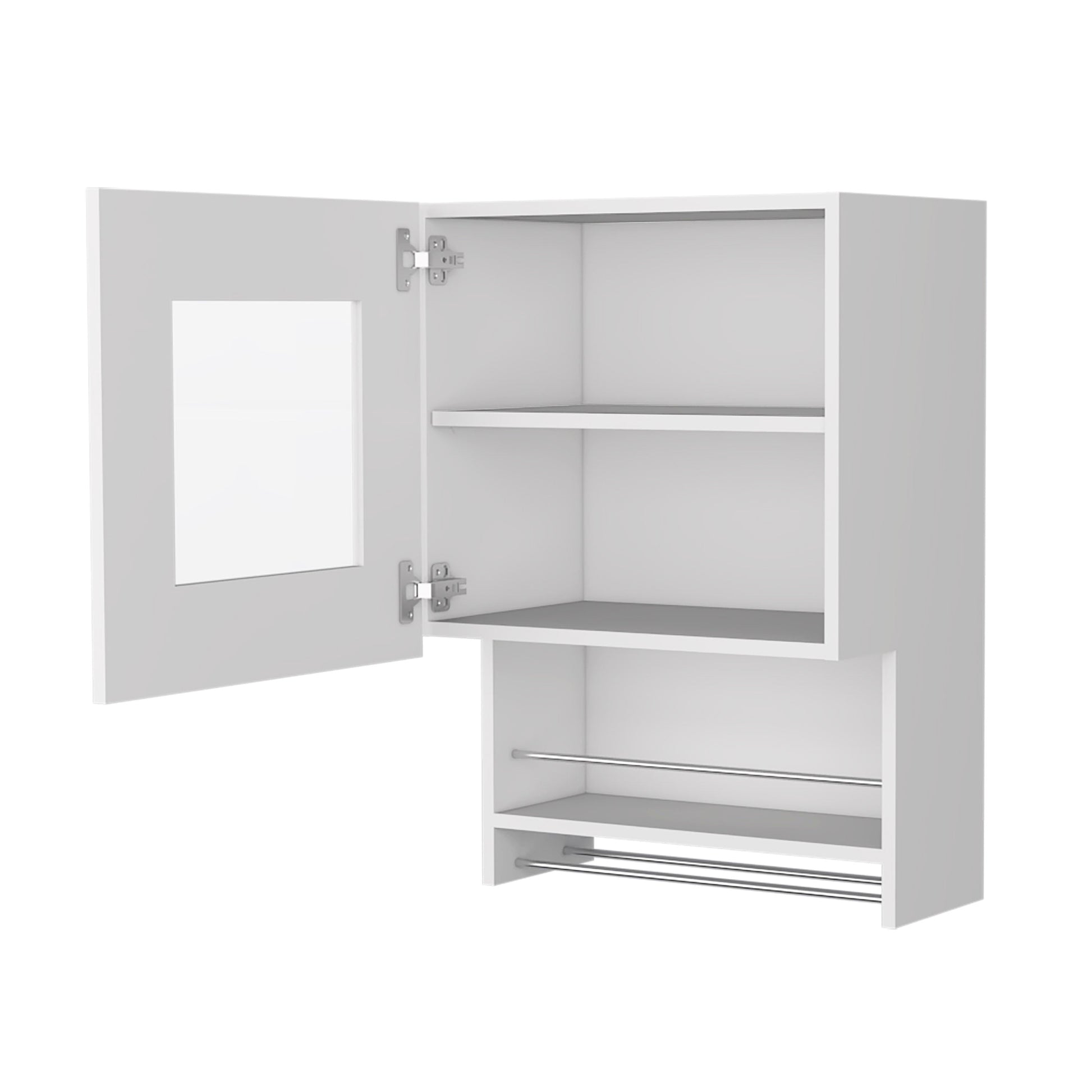 White wall cabinet with open door and two shelves