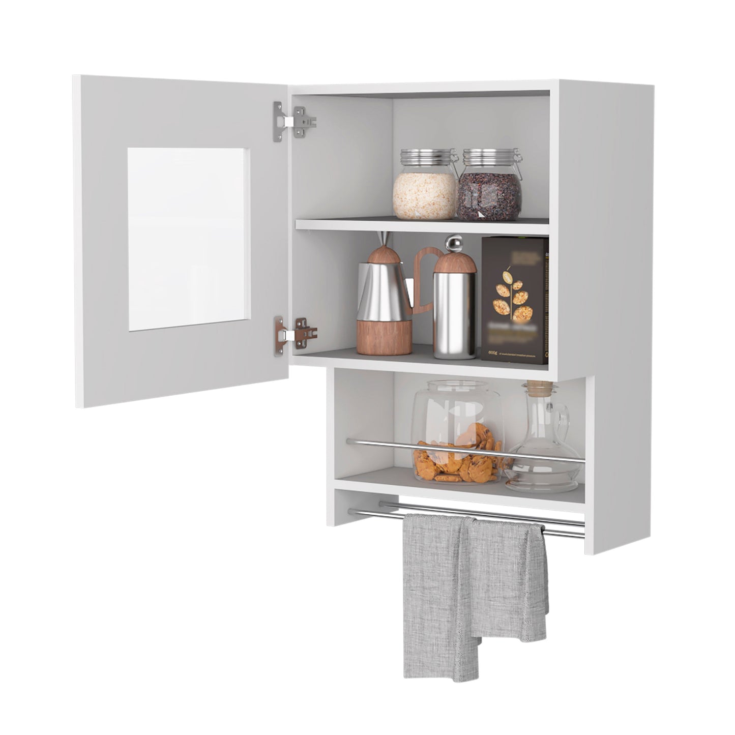 Open white kitchen cabinet with glass jars coffee maker and grey towel