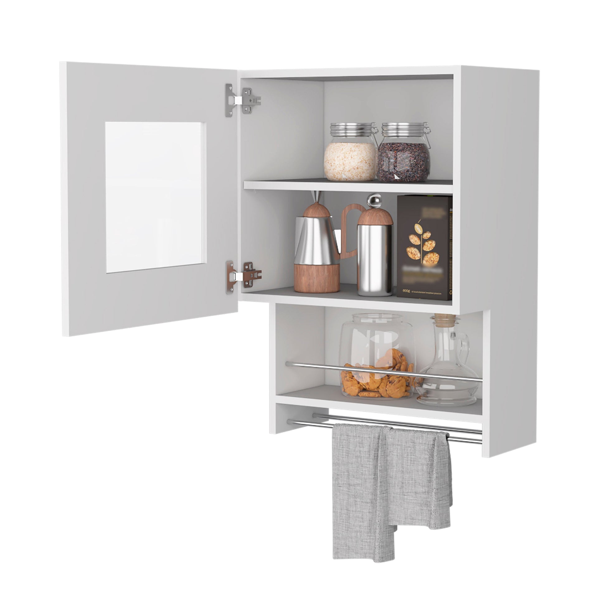 Open white kitchen cabinet with glass jars coffee maker and grey towel