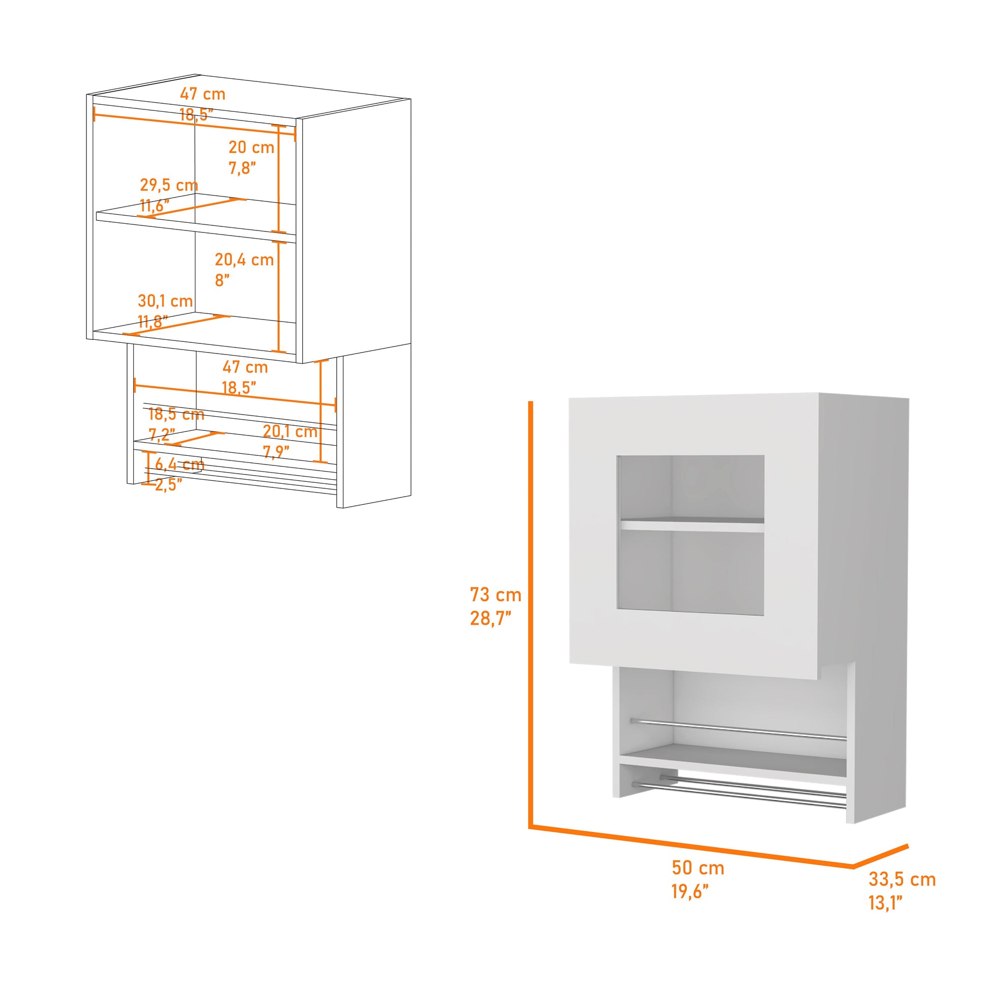 White wall cabinet with glass door and towel bar