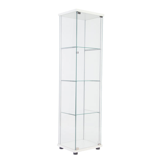 Tall narrow glass display cabinet with white top and base ideal for collectibles