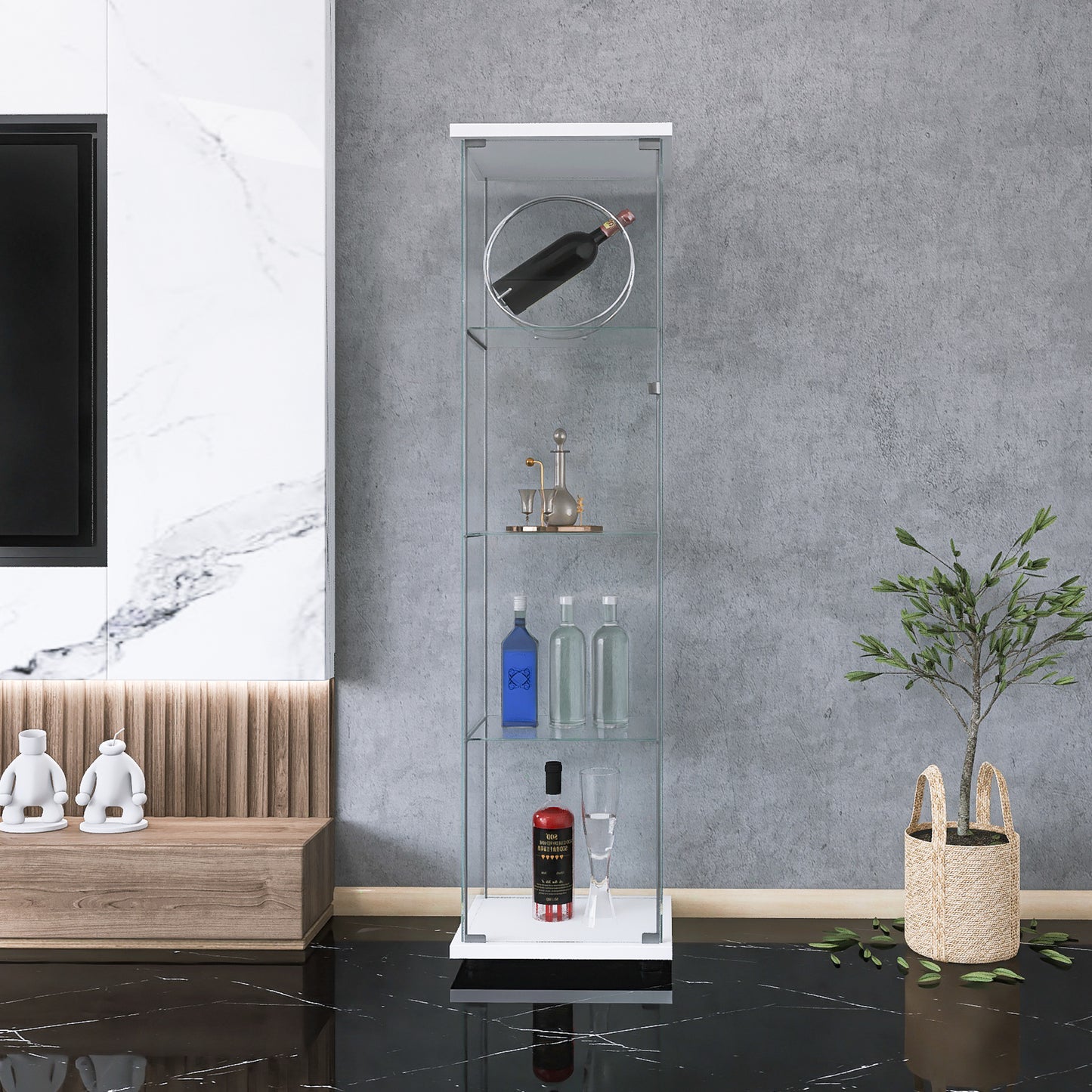 Slim glass curio cabinet with white base holding decorative items and bottles