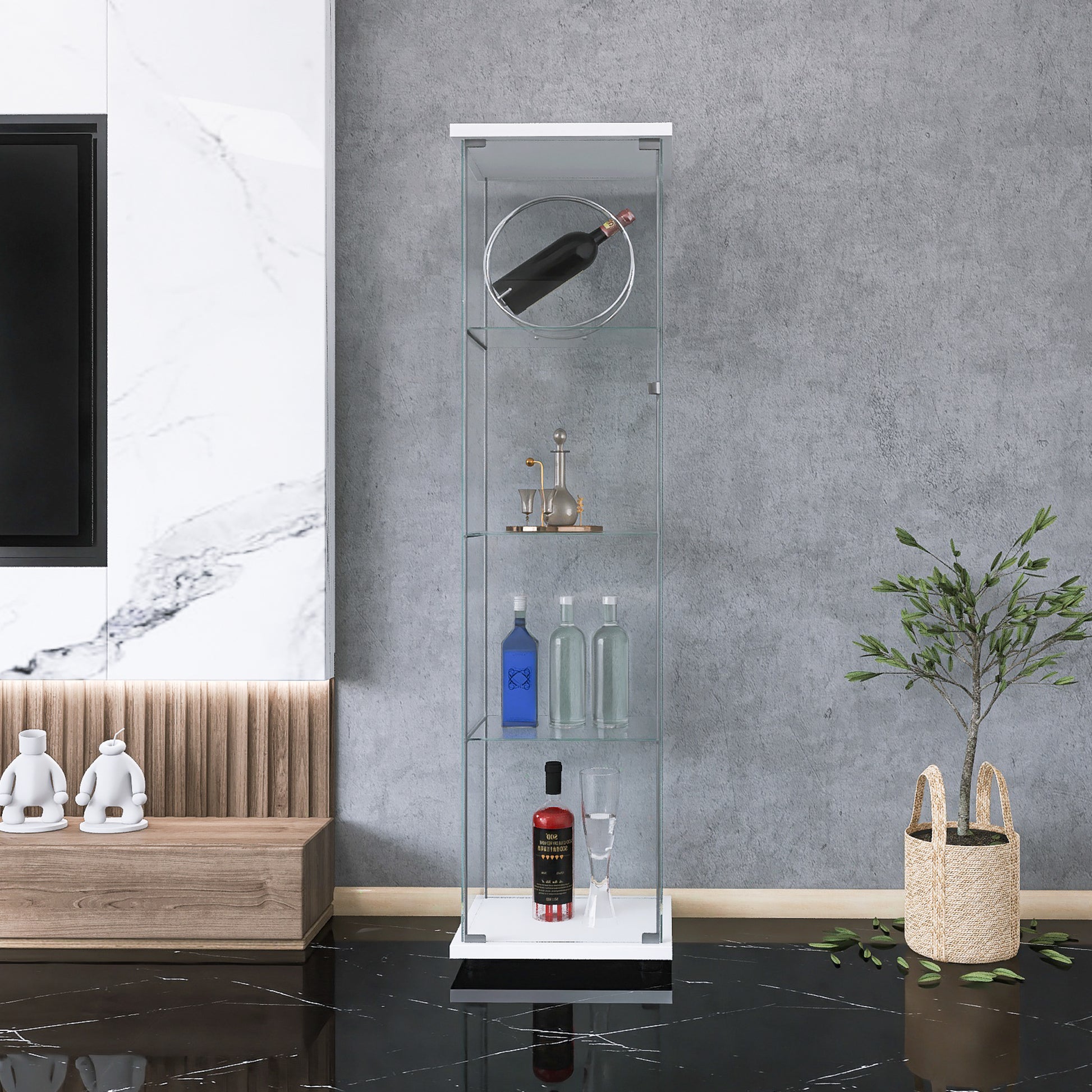 Slim glass curio cabinet with white base holding decorative items and bottles