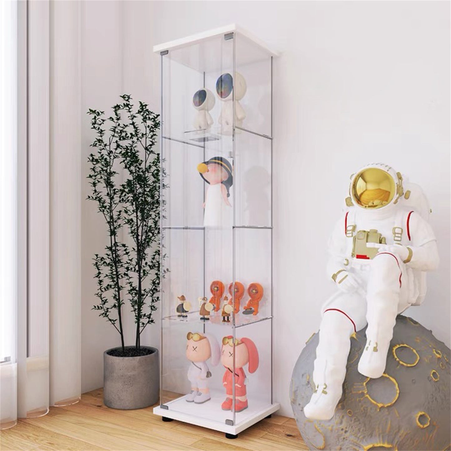 Tall clear display cabinet with white frame holding various collectible figures