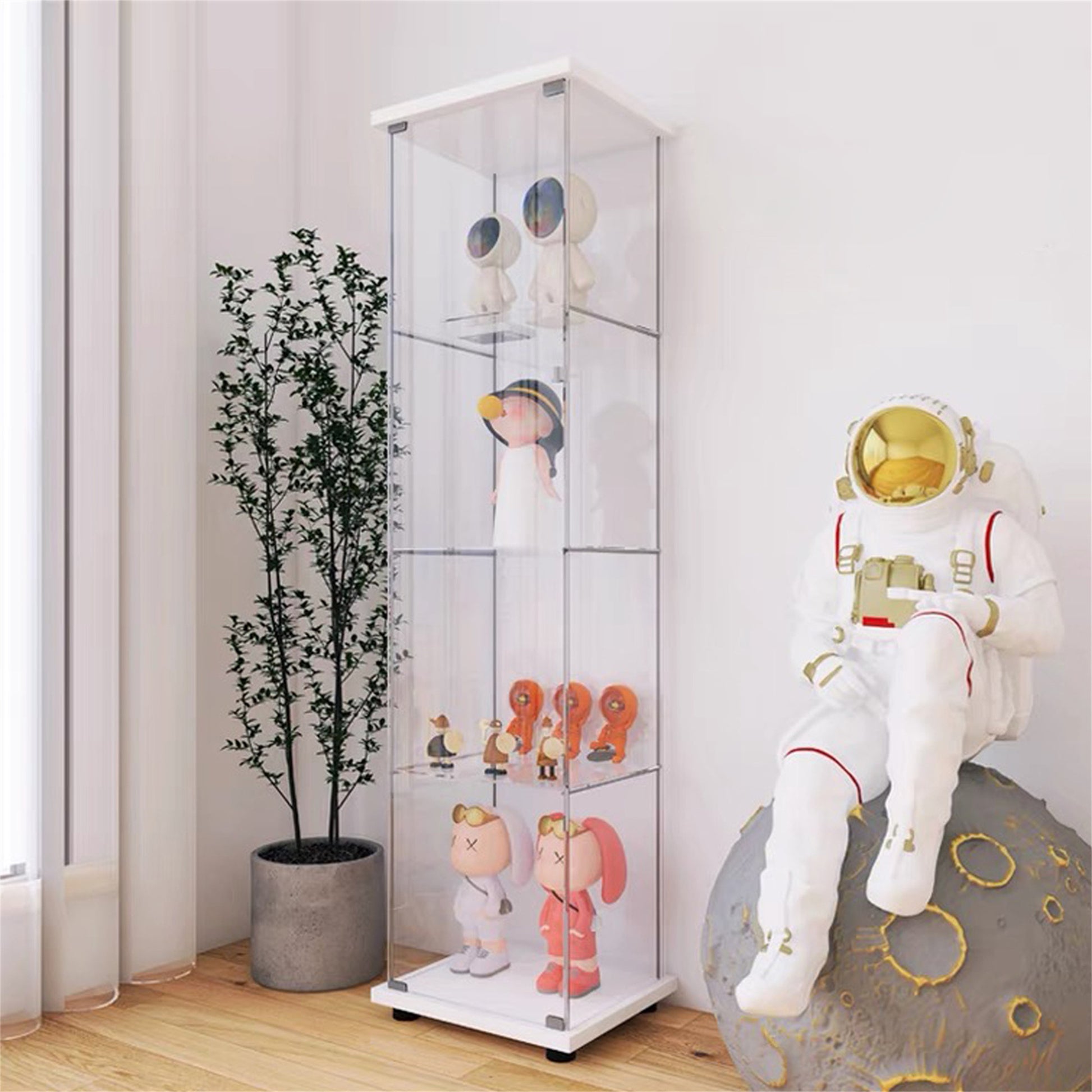 Tall clear display cabinet with white frame holding various collectible figures