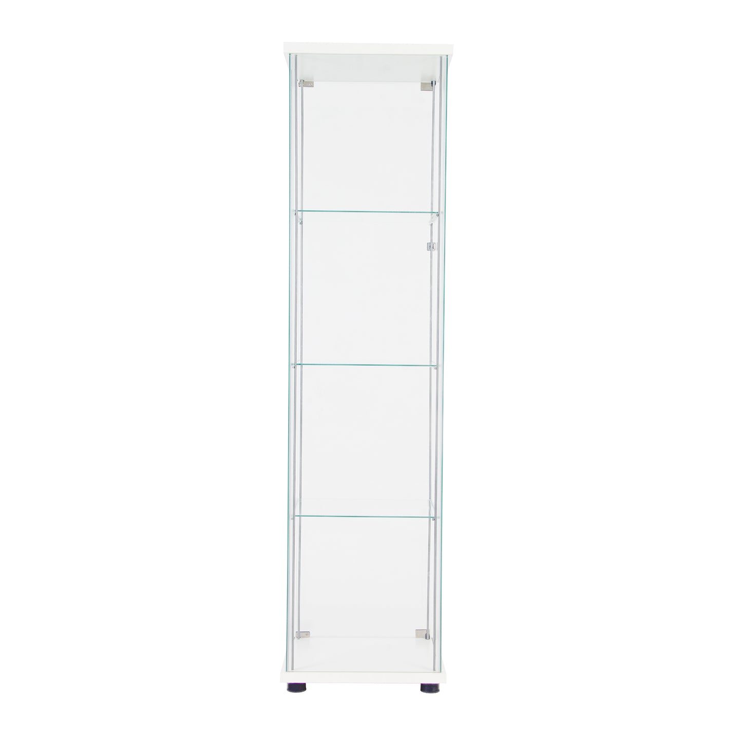 Slim white display cabinet with glass doors and shelves