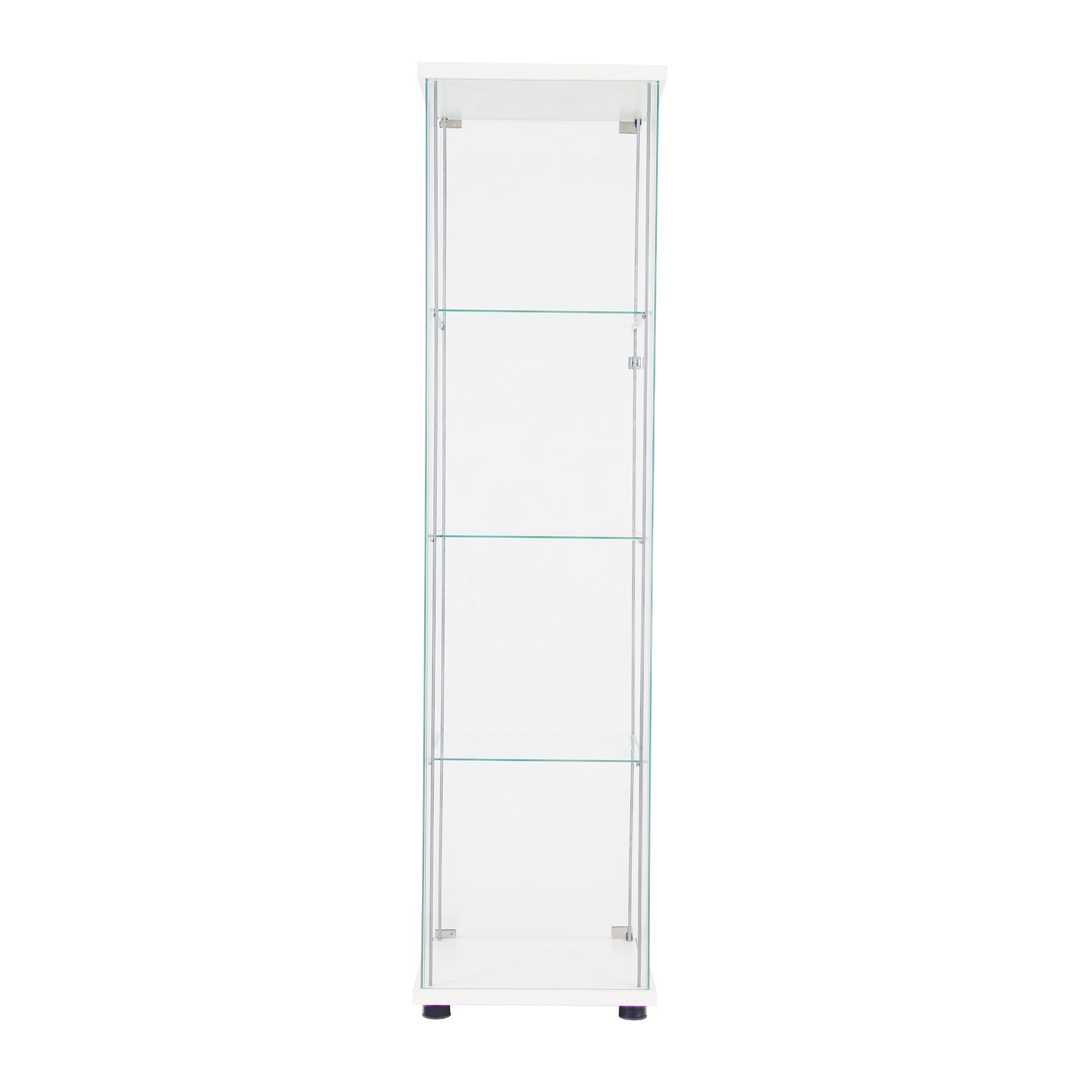 Slim white display cabinet with glass doors and shelves