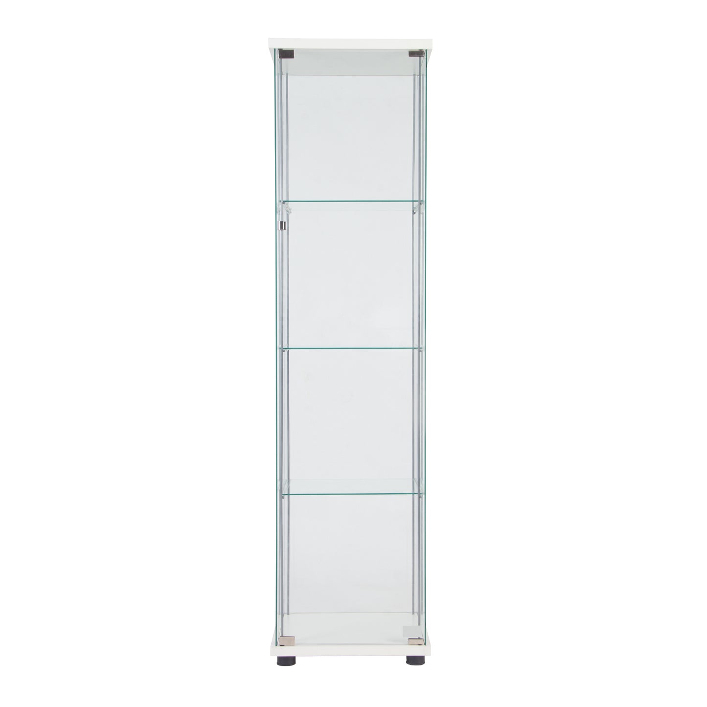 Slim white tower display cabinet with four glass shelves and mirrored backing