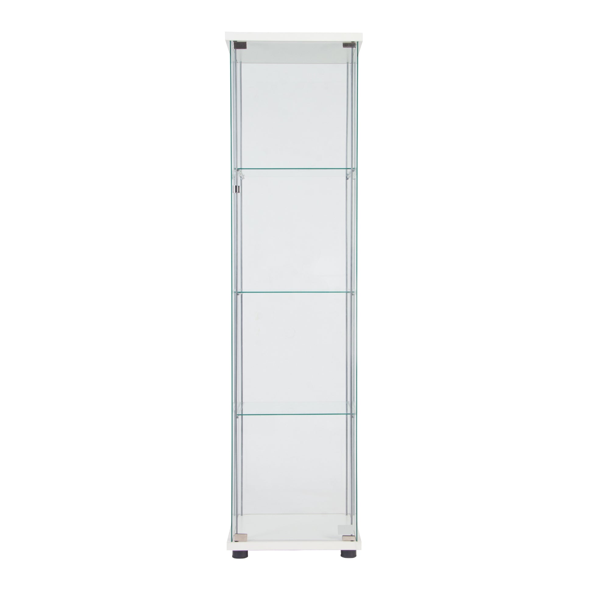 Slim white tower display cabinet with four glass shelves and mirrored backing