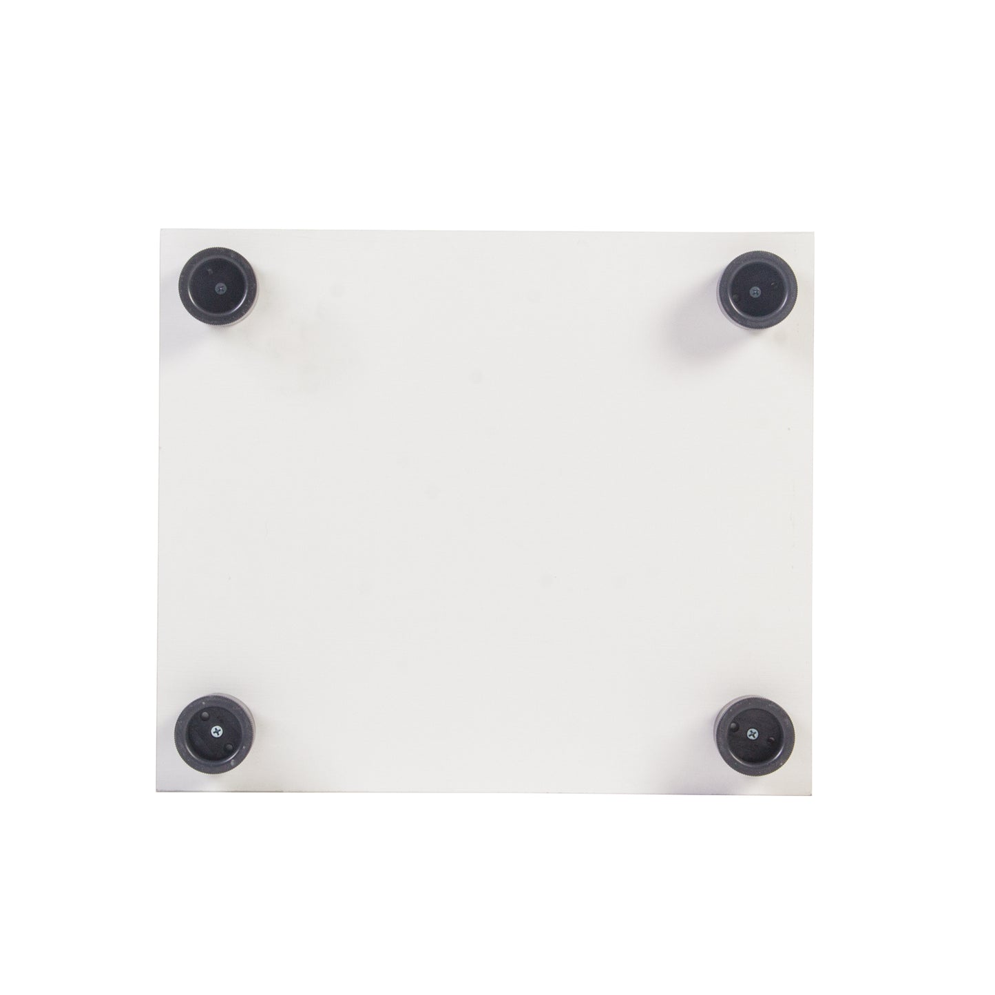 White desk with four black adjustable feet for stability