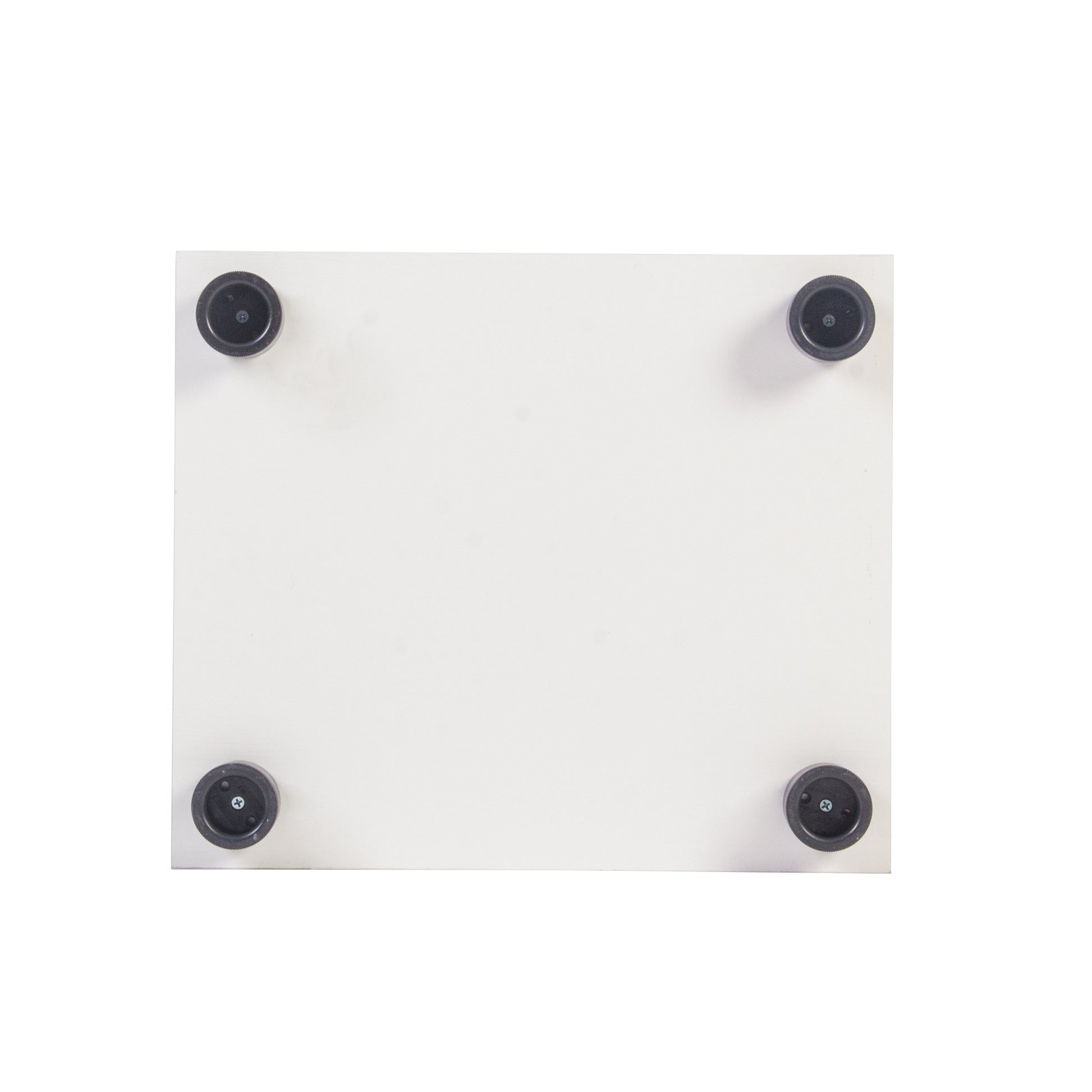 White desk with four black adjustable feet for stability