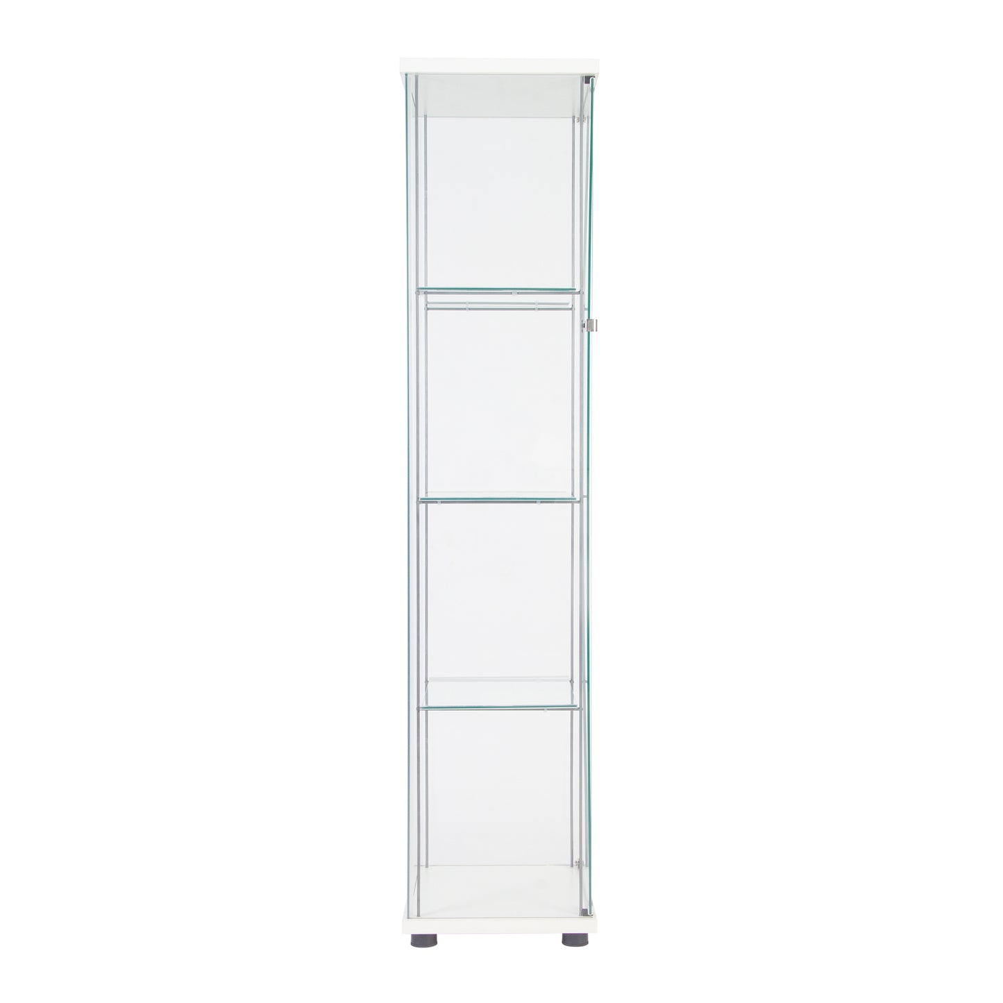 White narrow glass display cabinet with four shelves