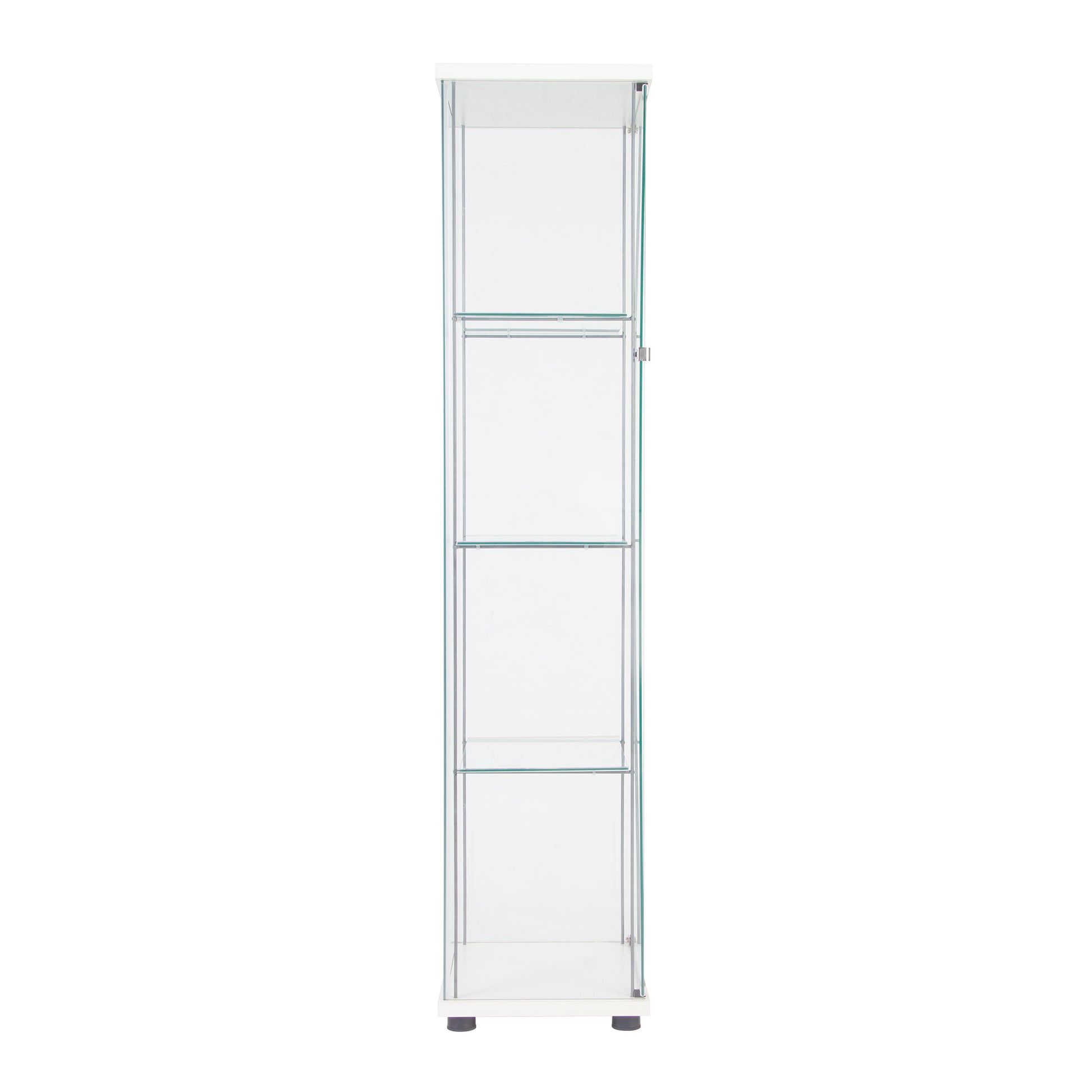 White narrow glass display cabinet with four shelves