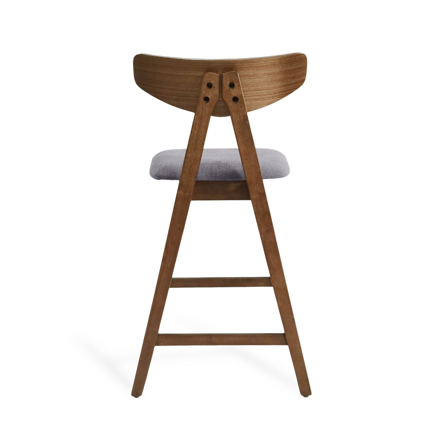 Solid wood bar stool with grey cushioned seat and curved backrest