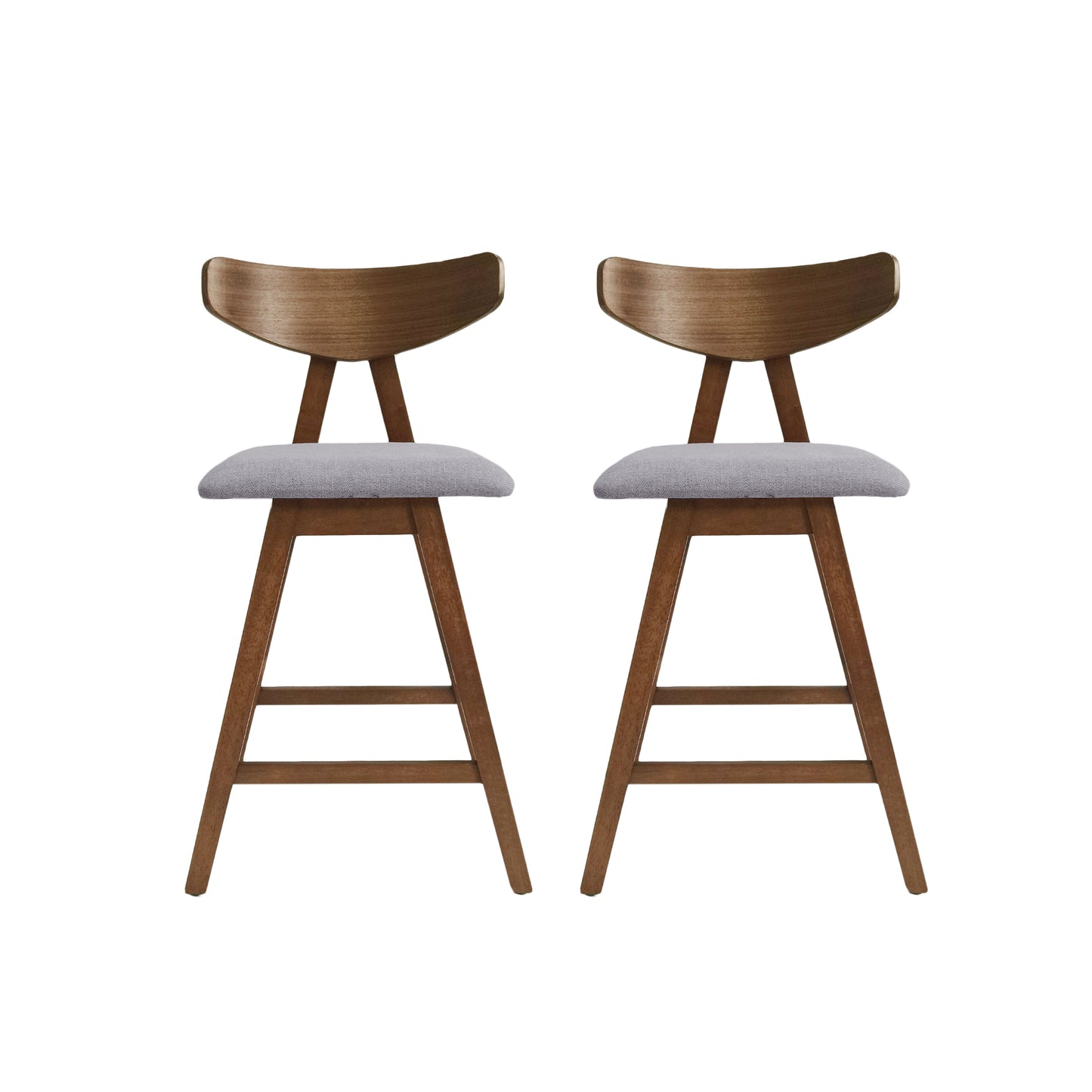 Two modern curved back wooden bar stools with grey upholstered seats
