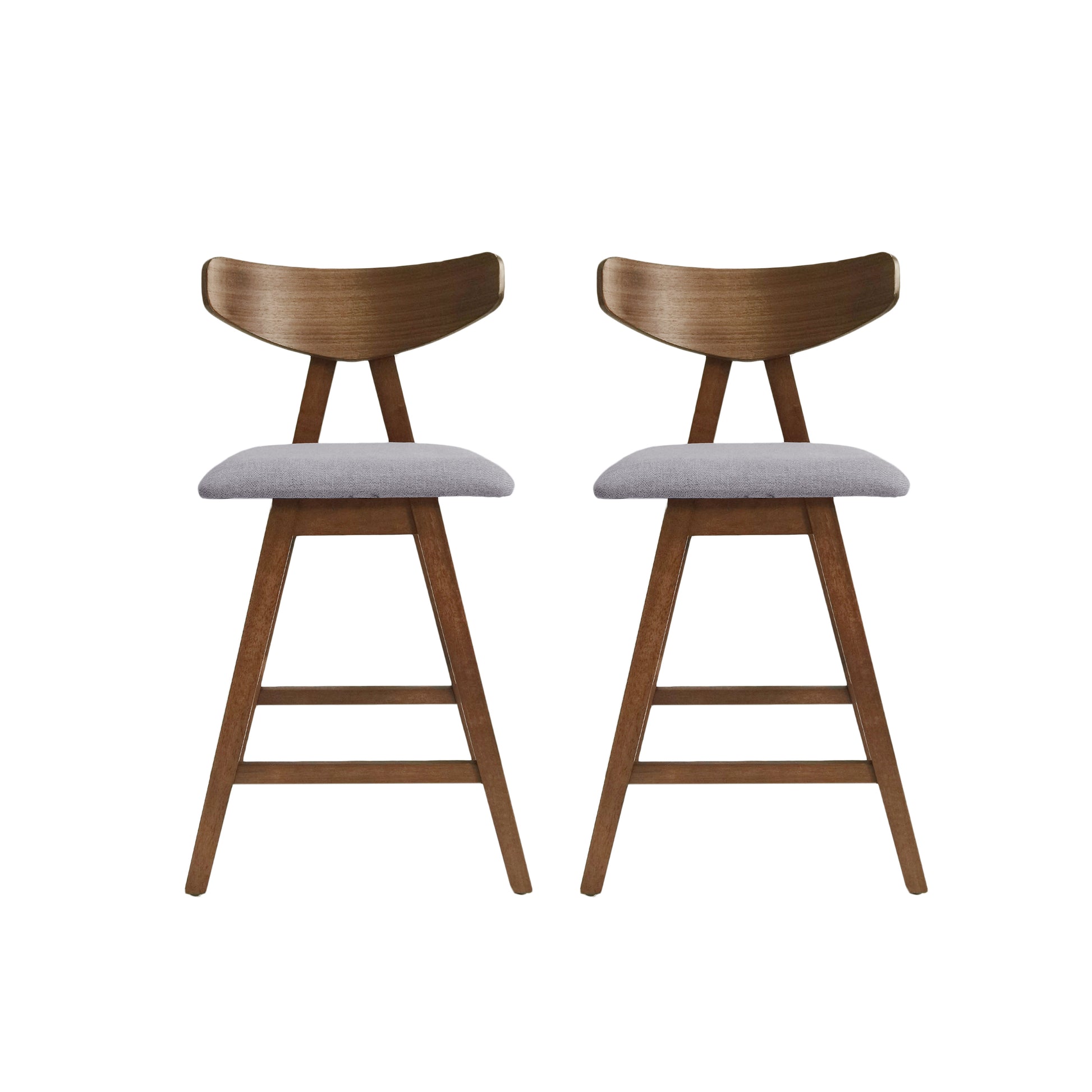 Two modern curved back wooden bar stools with grey upholstered seats