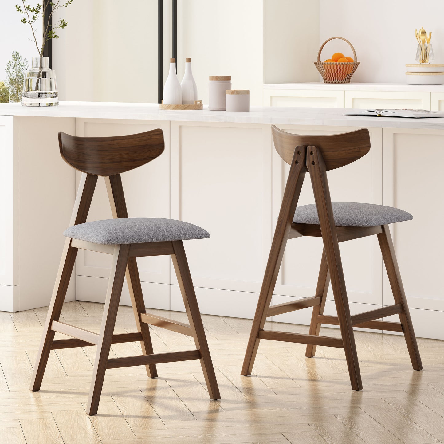 Wooden bar stool with grey fabric seat and curved back