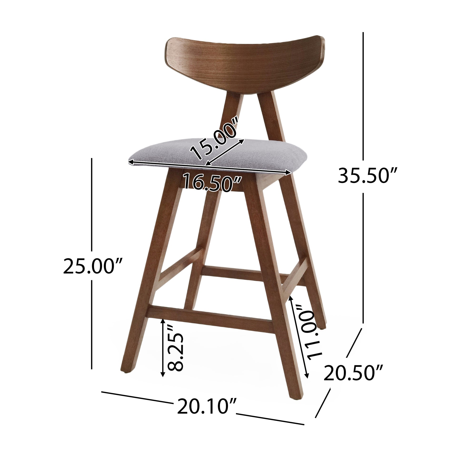 Wooden bar stool with grey upholstered seat and curved back
