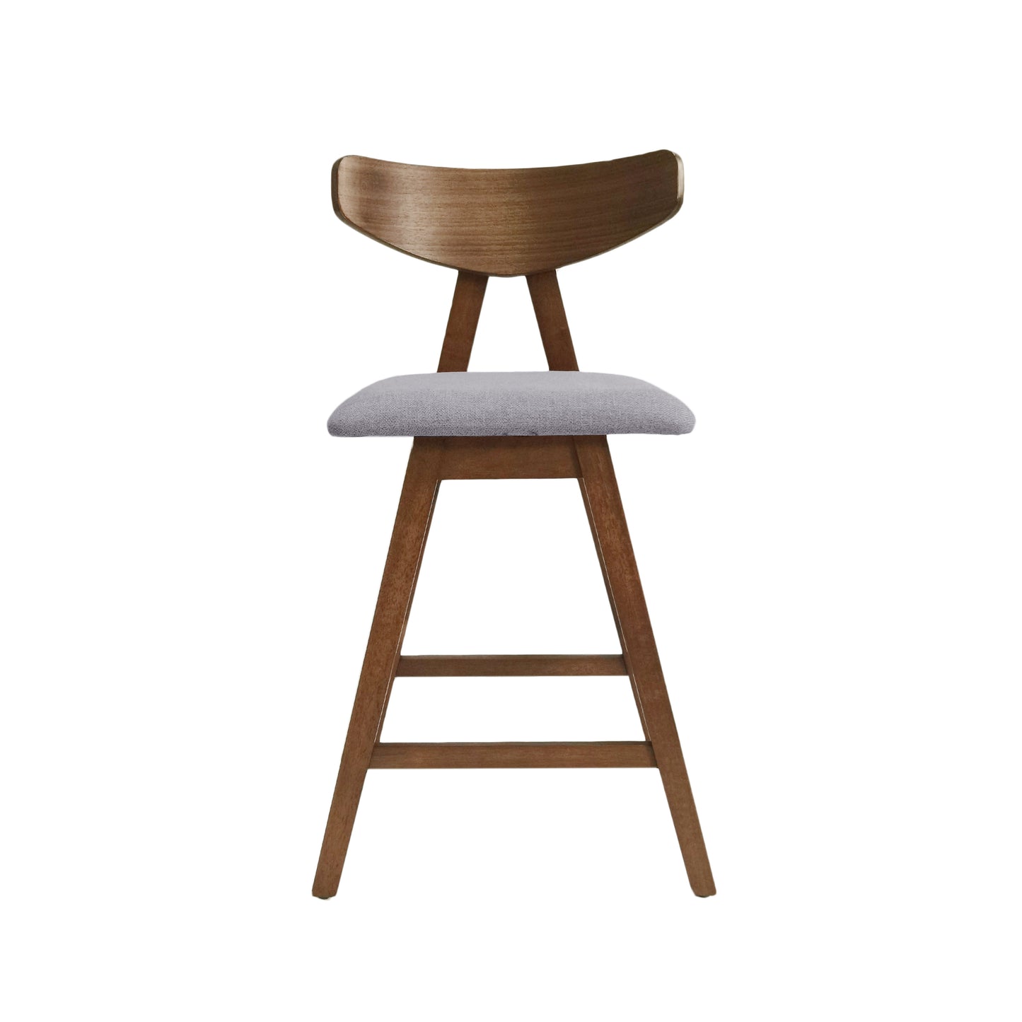 Wooden dining chair with curved back and grey fabric seat