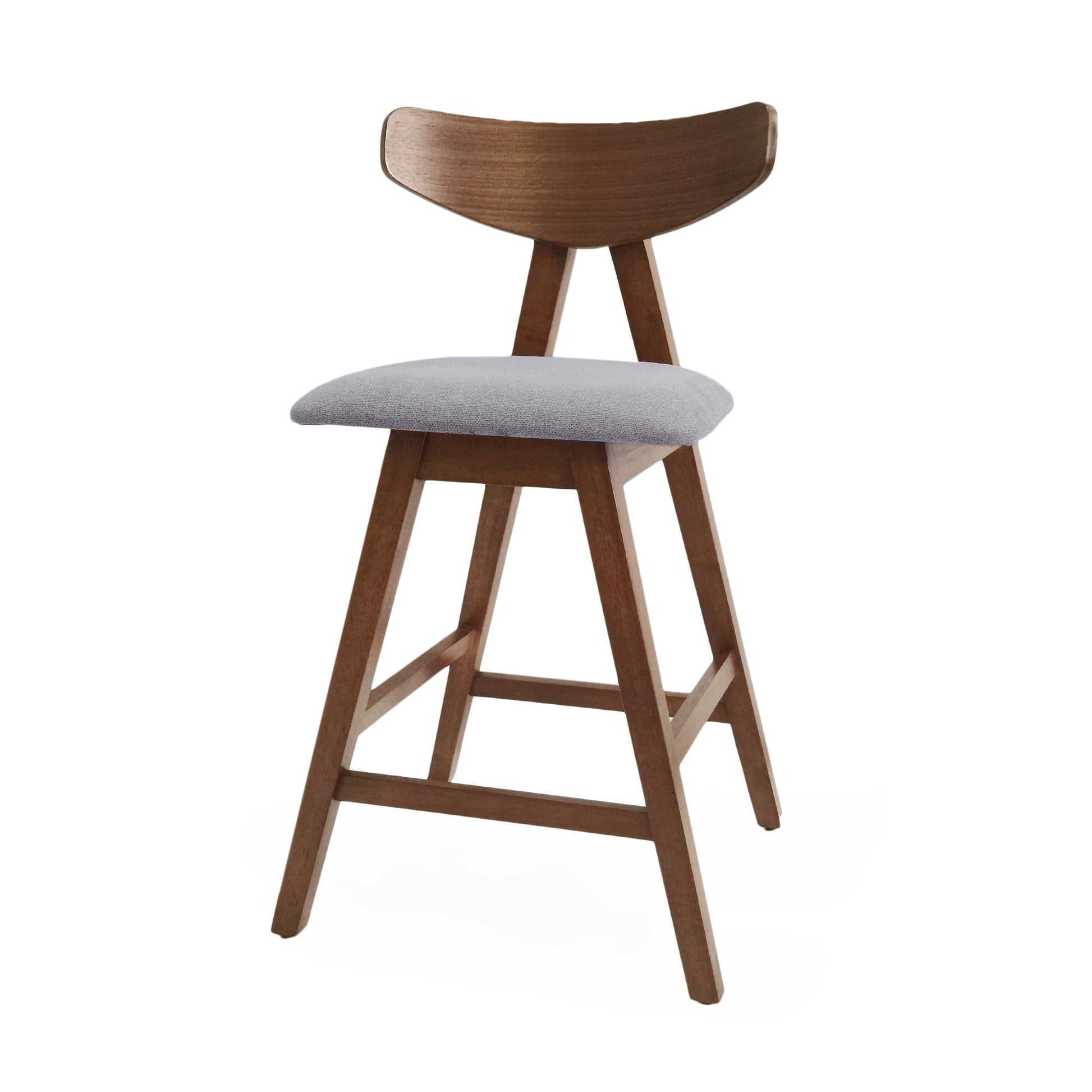 Midcentury modern bar stool with curved walnut wood backrest and grey fabric seat