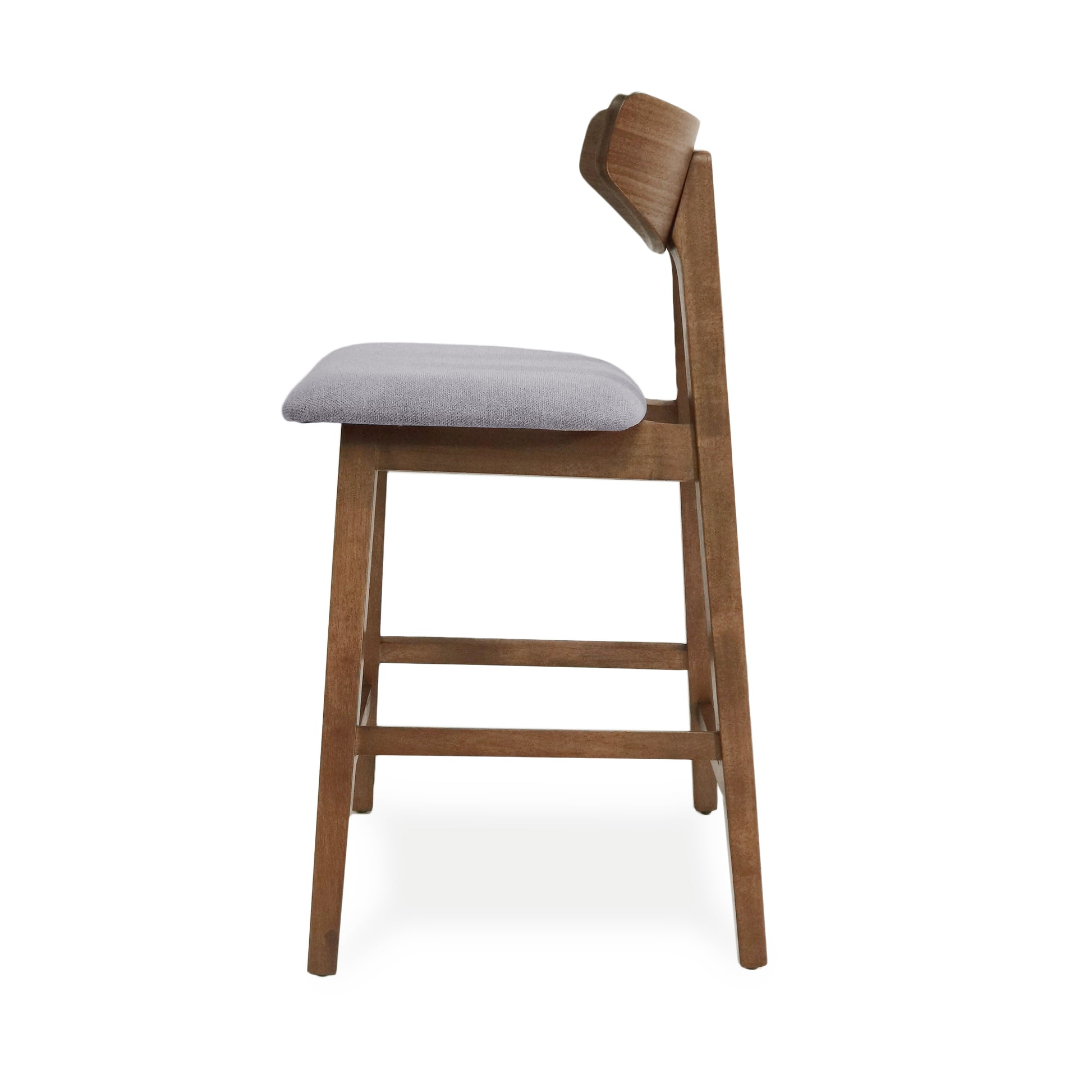 Wooden bar stool with light grey cushioned seat and curved backrest