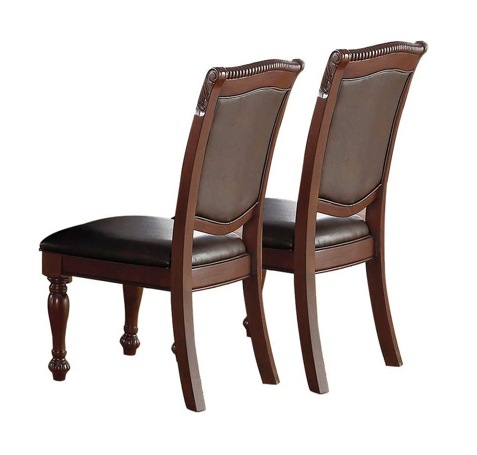 Elegant dark brown leather dining chairs with carved wood trim