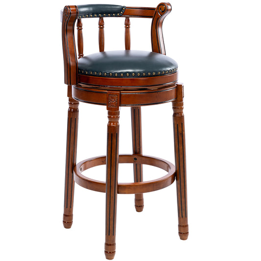 Vintage bar stool with dark green leather seat and mahogany wood frame