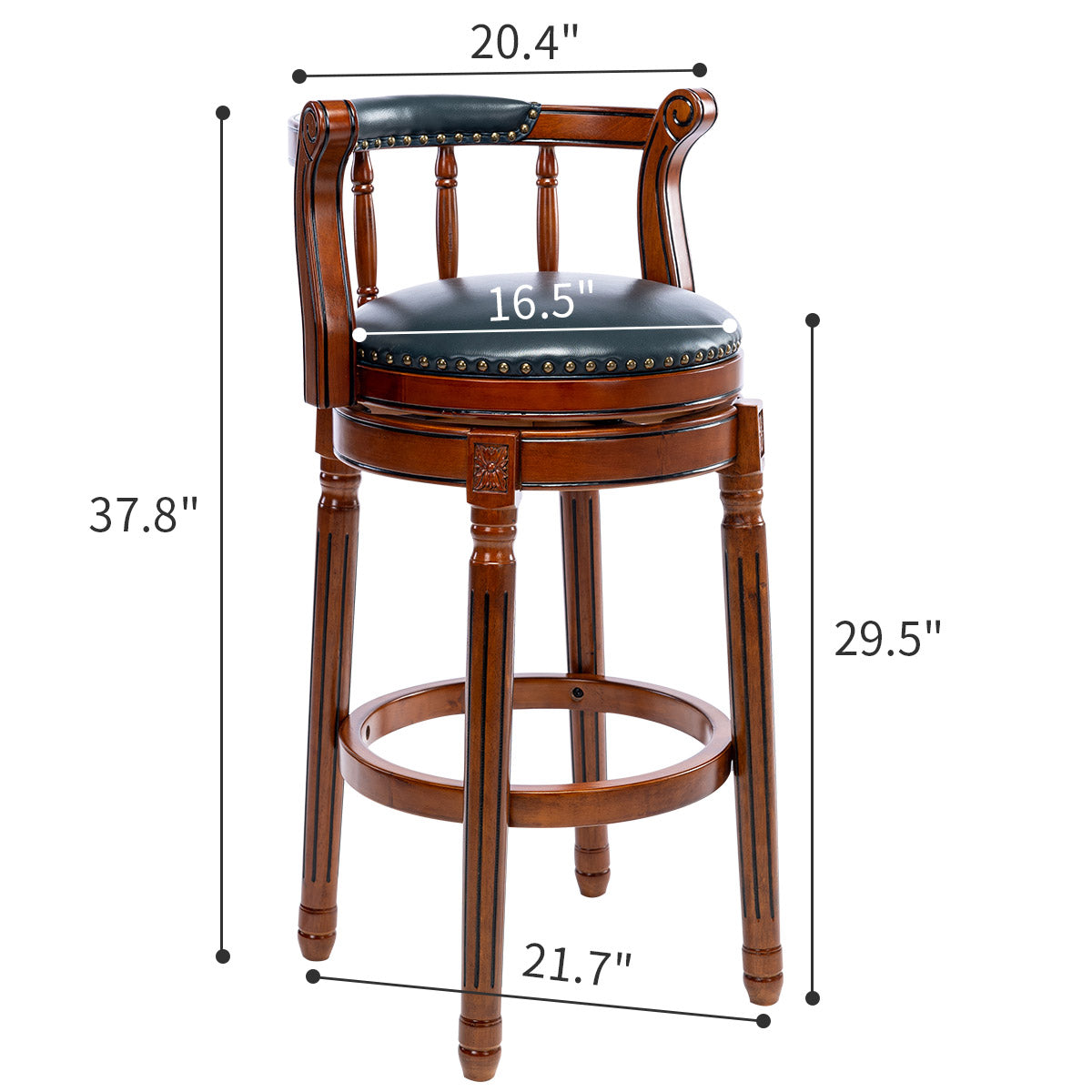Mahogany swivel bar stool with dark green faux leather upholstered seat and back