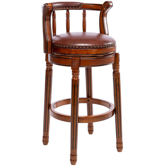 Brown leather swivel bar stool with nailhead trim and carved wood accents